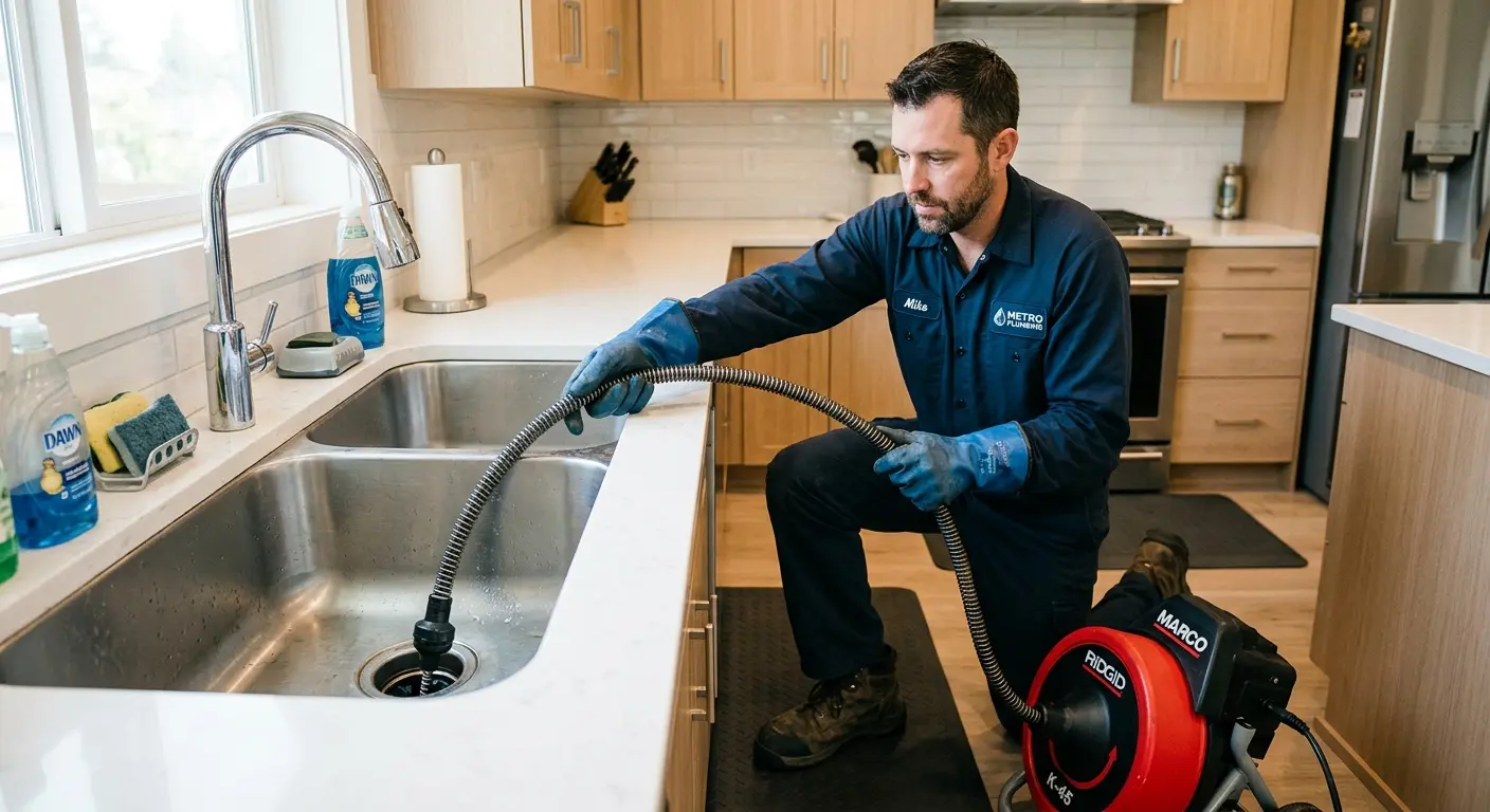 Drain cleaning technician using a motorized snake on a kitchen sink in Gahanna