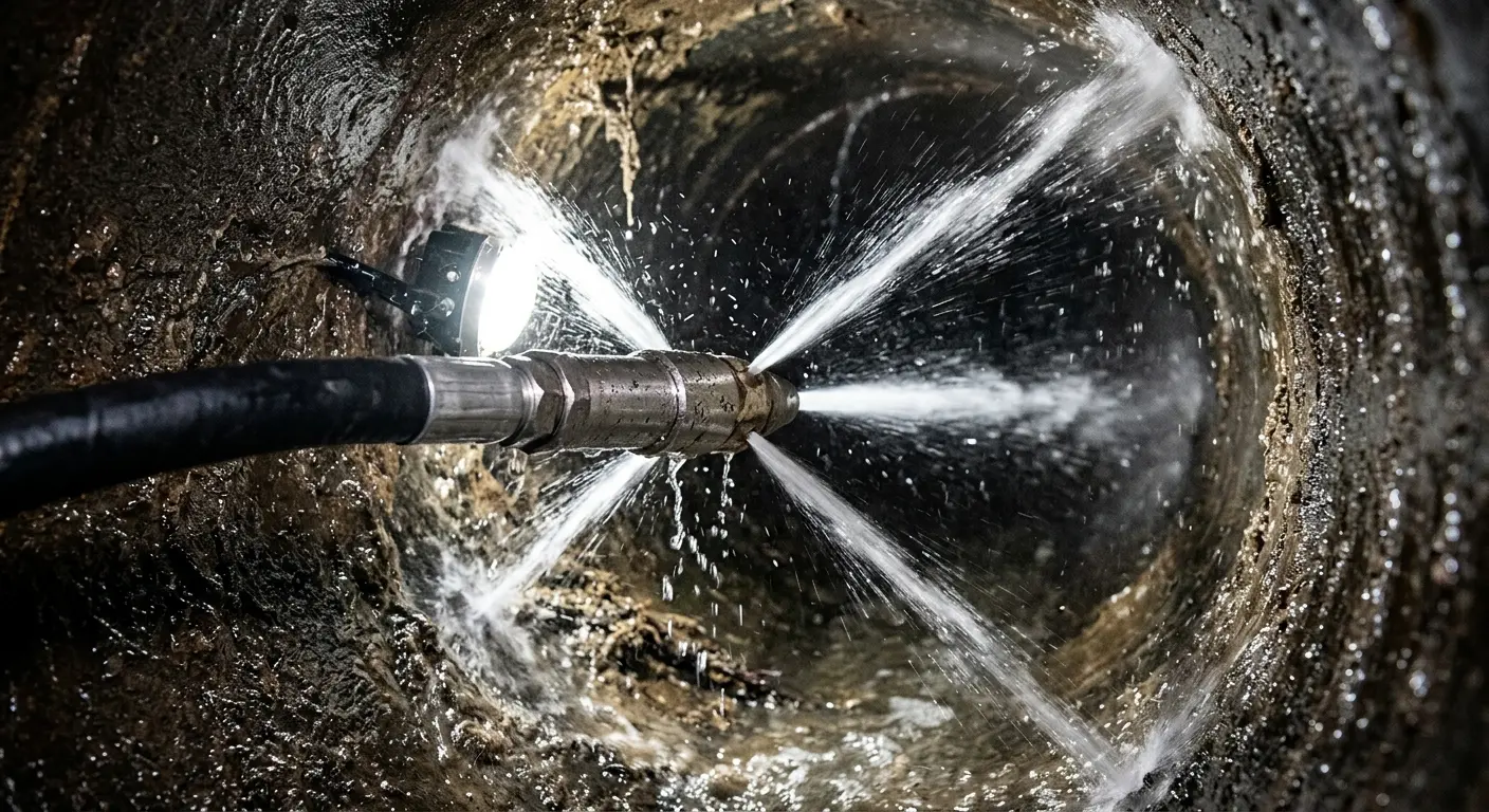 High-pressure hydro jetting nozzle cleaning sewer pipe for Trenchless Sewer Repair in Gahanna