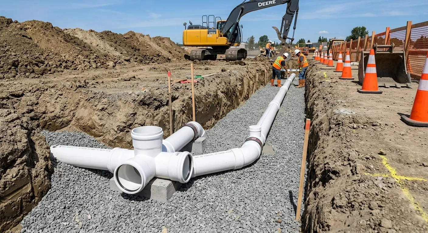 New PVC sewer pipe installation in open trench for Commercial Drain Cleaning in Gahanna